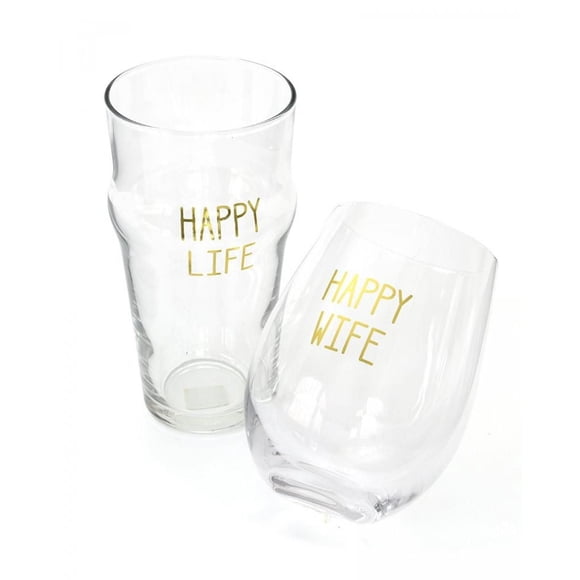 'HAPPY WIFE HAPPY LIFE' WINE/BEER GLASS SET - 2 COUNT