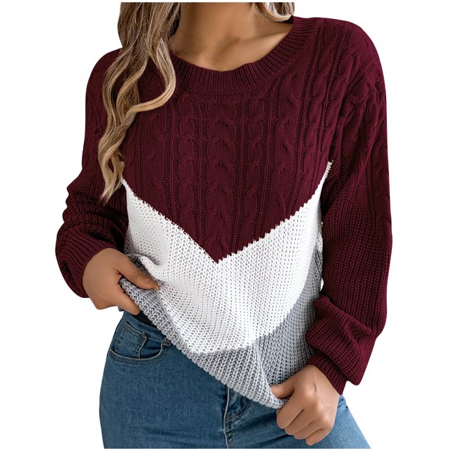 Pisexur Chandails pour Femmes Mode Chandail Tricoté à Blocs de Couleur Décontracté Ample à Manches Longues Chandails à Enfiler pour Femmes Tendance d'Automne Chandail à Col Rond