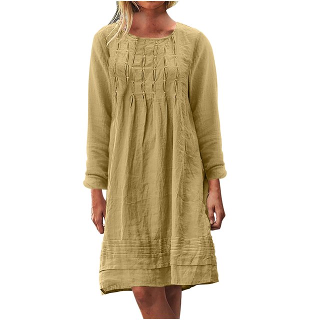 MeetoTime Robe Mi-Longue pour Femme à Col Rond, Manches Longues, Longueur Genou, Légère, Ample, en Coton et Lin, Tailles P-5TG