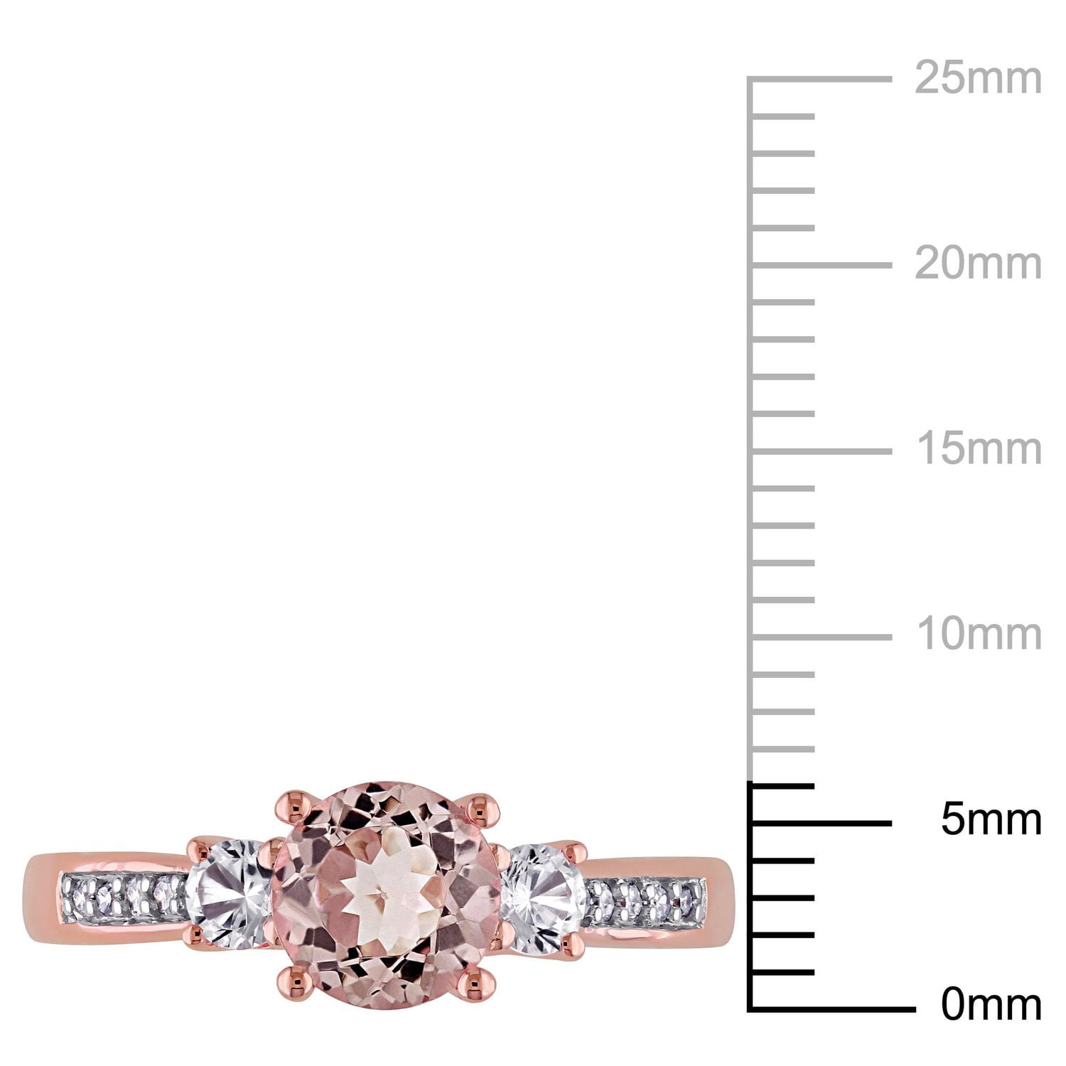 Bague à trois pierres Tangelo avec accents de diamants, saphirs blancs synthétiques et morganite 1,14 ct PBT en or rosé 10k