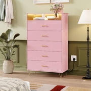 Modern 5-Drawer Tall Dresser for Bedroom, Wood Chest of Drawers with Silent Closing Slides, Water-Resistant Pink Storage Organizer for Hallway, Closet