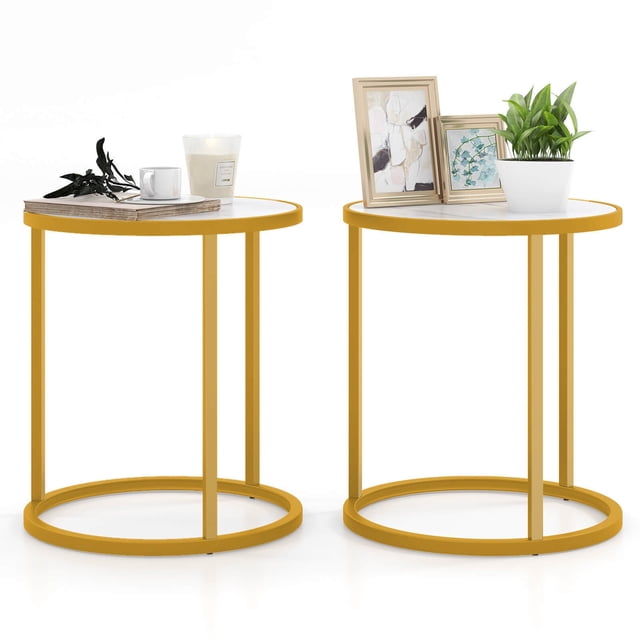 Gymax 2 Pcs Table d'Appoint Ronde avec Dessus en Pierre Frittée 16 Pieds'x16 Pieds' Table de Bout avec Cadre en Métal Doré Or
