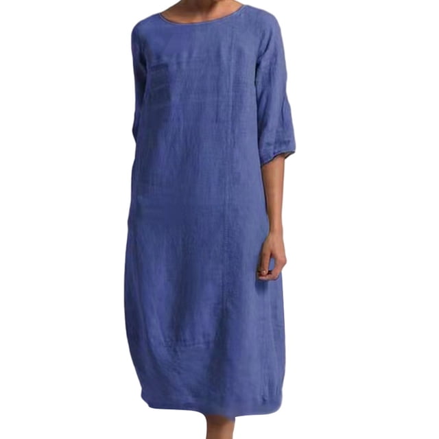 Innerwin Robe Midi Simple Robes pour Femmes Plage Col Rond Confortable Bleu G