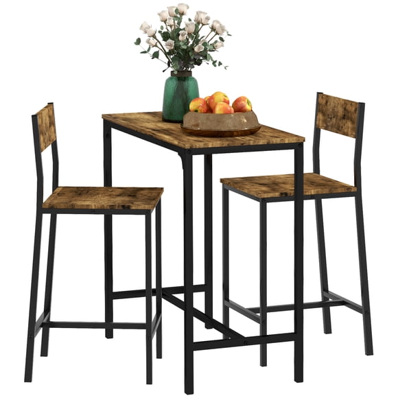 HOMCOM Industrial Bar Table Set Counter Height 3 Piece Rustic Brown