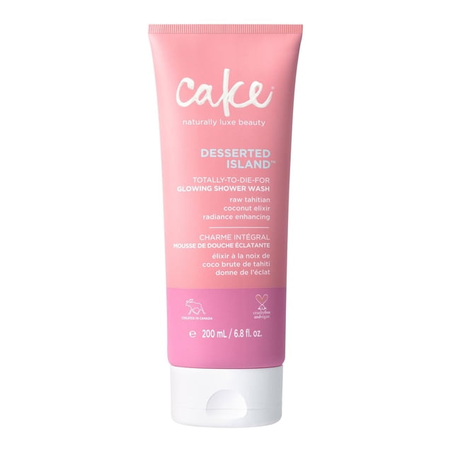 Gel Douche Éclat Beauté Gâteau, Île Stéréotypée en tube Compressible de 200 ml Rose et Violet avec Bouchon Rabattable Blanc, Formule Hydratante et Rehaussant l'Éclat avec Élixir de Noix de Tahitienne Cru, Sans Cruauté et Végane, Créé au Canada, Convient pour Hydrater la Peau Sèche.