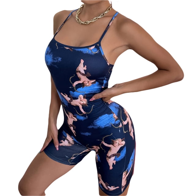 Faithtur Women Rompers, Oil Painting Printed Spaghetti Strap Backless Jumpsuits