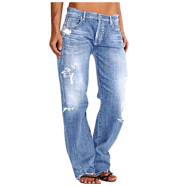 Bigersell Straight Jeans Women High Waisted Ripped Jeans with Destroyed Hole Straight Leg Jeans Full Length Denim Pants Trousers Button Closure Light BlueXS