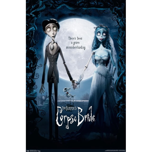 Affiche Murale « The Corpse Bride » de Tim Burton, une Feuille, 22,375 Po x 34 Po, Représentant des Personnages Stylisés et Animés d'Un Marié en Complet Sombre et d'Une Mariée à la Peau Bleue en Robe de Mariée en Lambeaux Se Tenant la Main sous une Grande Pleine Lune, avec un Petit Chien Squelettique à Proximité et des branches Sombres Torsadées Encadrant la Scène Gothique, Idéale pour Ajouter une Touche Murale Audacieuse aux Pièces Gothiques Ou à Thème.