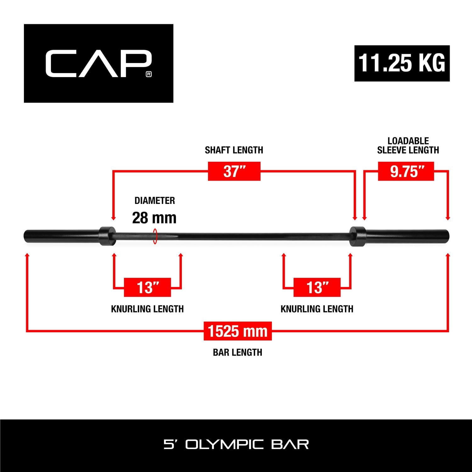 CAP Barbell Barre de musculation olympique de 1,5 m Noir