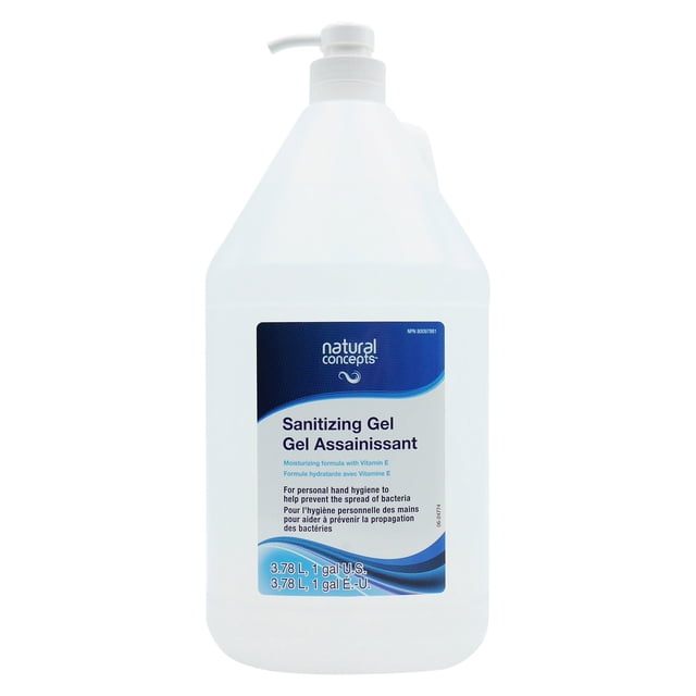 Natural Concepts 3.78 L Liquid Hand Sanitizer in a large pump bottle. The label highlights its moisturizing formula with Vitamin E and 65% ethyl alcohol content, designed for personal hand hygiene to help prevent the spread of bacteria. Suitable for use when soap and water are unavailable.