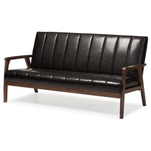 Baxton Studio Nikko Faux Leather Sofa in Dark Brown and Walnut
