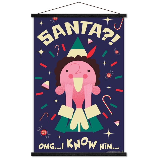 Elf - Affiche Murale « I Know Him », 14,725 Po x 22,375 Po Encadrée, Représentant un Elf de Dessin Animé Orienté vers l'Avant avec un Visage Rose, des Cheveux Bruns Bouclés, Tenue Verte et Crème, et un Chapeau Vert avec une Plume Rouge, sur un Fond Bleu Foncé Décoré de Cannes de Bonbon, d'Étoiles et de Bonbons, avec Texte Crème « Santa?! » en Haut et « OMG... I Know Him... » en Bas, Idéal pour la Déco Murale