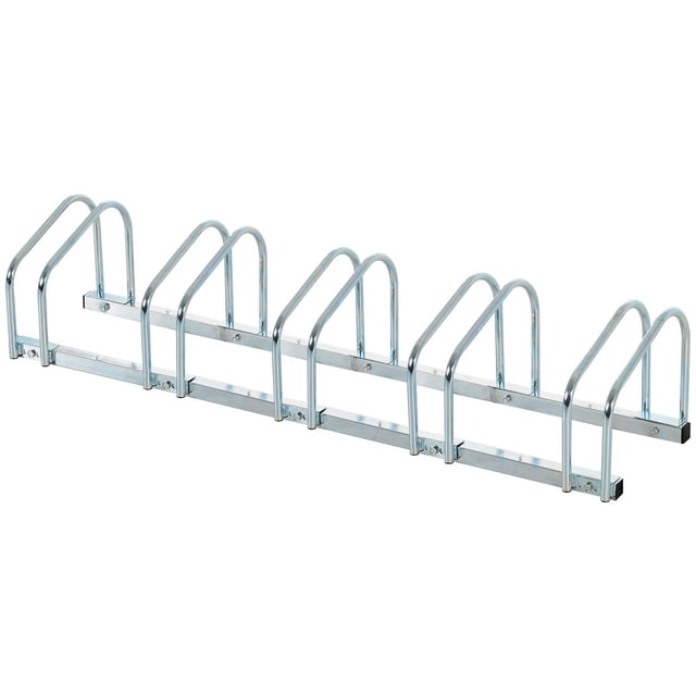 HOMCOM Support de Stationnement au Sol pour 5 Vélos et Bicyclette Argent, Support de Rangement pour Cyclisme en Acier Galvanisé avec Cinq Porte-Pneus en Forme de U, Convient au Montage au Sol Ou au Mur, Conception Gain de Place Idéale pour garages Ou Remises.