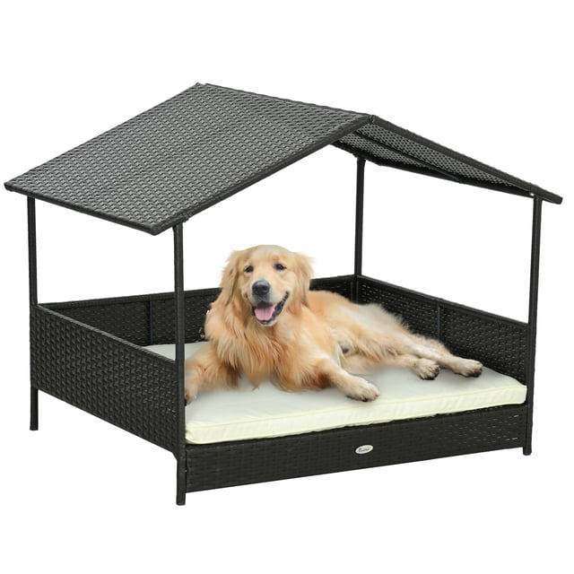 PawHut Rattan Dog House Outdoor with Shade Canopy, Cushion, Cream White. This hut-style dog house features a dark brown PE rattan frame with three-side railings for safety and a cream white cushion for comfort. The elevated base with non-slip foot pads ensures stability, while the canopy provides sun protection. Suitable for medium and large dogs up to 110 lbs, with dimensions of 46.1 inches wide, 33.5 inches deep, and 35 inches high. Ideal for outdoor use.