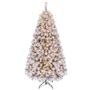 Costway 6 FT Pre-Lit Flocked Cedar Christmas Tree Hinged White