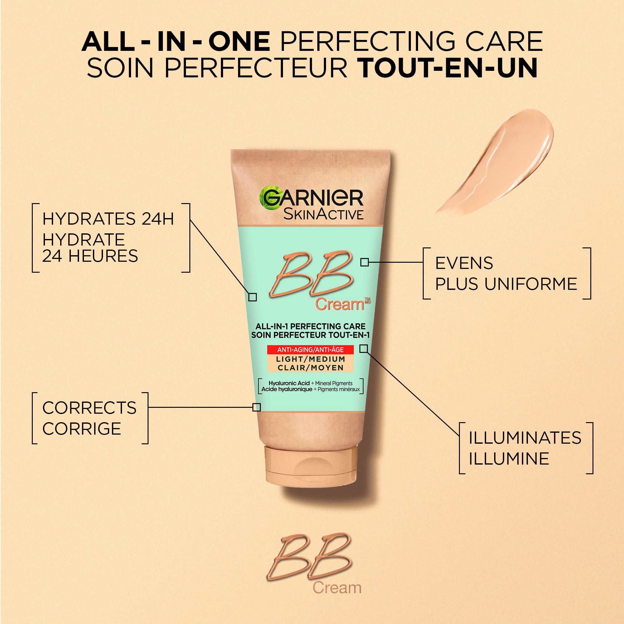 Garnier Hyaluron BB Crème Classic Light Soin Perfecteur 5-en-1 à l'Acide Hyaluronique et à l'Aloe Vera, Cruelty Free International et Végan, 50 ml