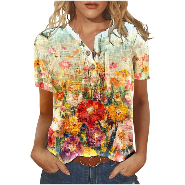 Cameland T-Shirt à Manches Courtes Décontracté d'Été pour Femmes, à Boutons, Col Rond, Chandail Blouse Hauts