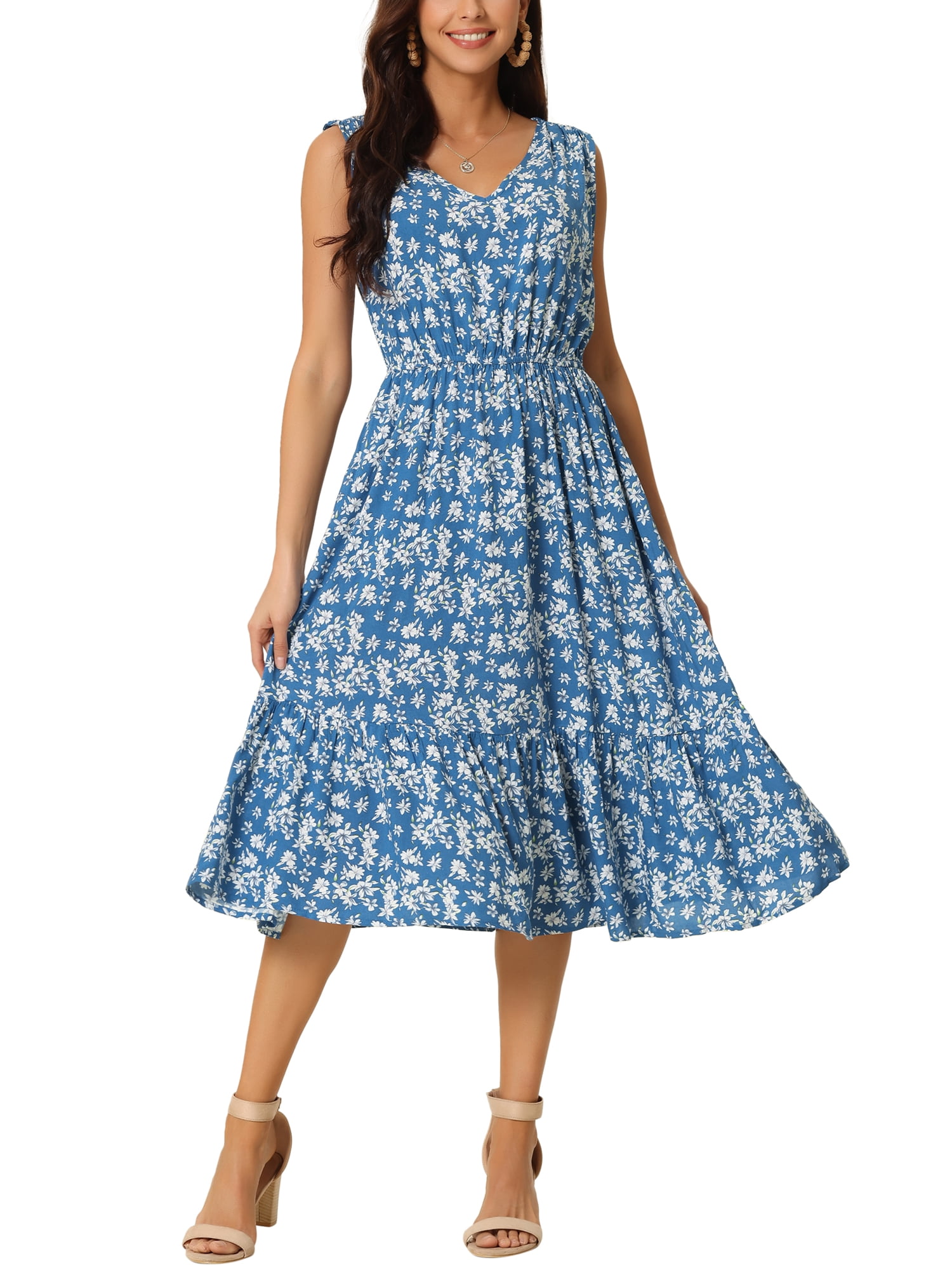 INSPIRE CHIC Robe d'Été Bohème de Plage pour Femme, Col en V, Sans Manches, Florale, Fluide, à Nouer, Midi, Décontractée, S, Bleu