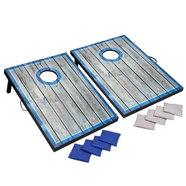 Atlantic Ensemble de Trous de Maïs à DEL avec Deux Planches en Bois Pliantes Présentant une Finition Bois Vieilli et une Bordure Bleue Autour des Trous Cibles à DEL, Huit Poireaux Durables en Bleu et Gris, Pattes Rétractables et Poignées de transport pour un Jeu et un transport Extérieurs Faciles.