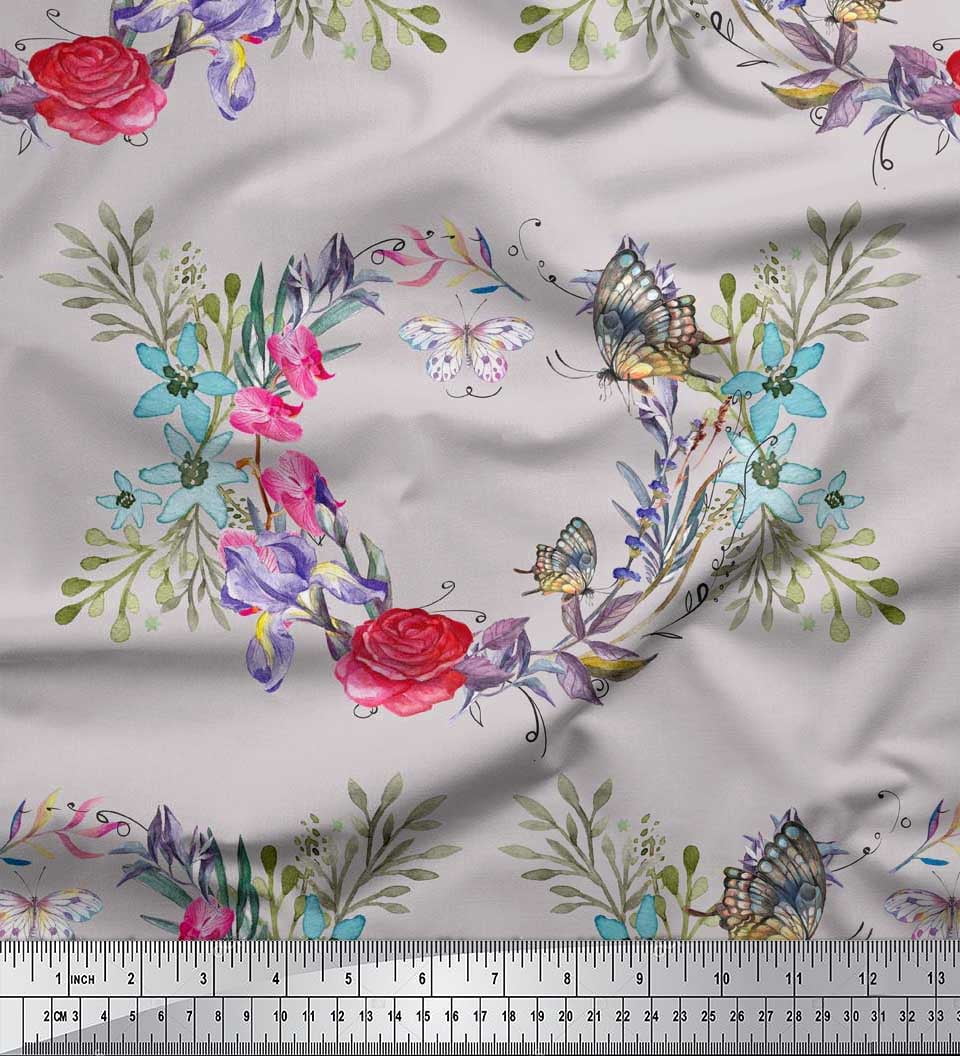 Soimoi Tissu en Popeline de Coton Gris Imprimé Insectes, Roses et Couronnes par Yard 42 Pouces de Large