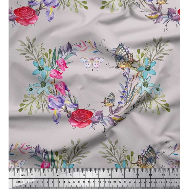 Soimoi Gray Poly Georgette Fabric Insect,Rose & Wreath Flower Printed Fabric 1 Yard 52 Inch Wide