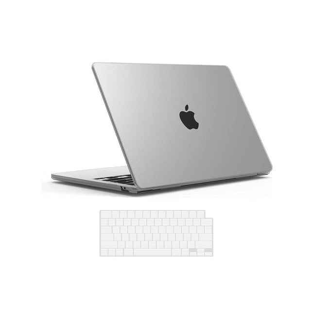 Compatible with MacBook Air 13.6 inch Case 2022 Model A2681 M2 Chip with Liquid Retina Display Touch ID, a protective laptop cover shown in a sleek design with no cut-out, allowing the Apple logo to shine through. Includes a silicone keyboard cover for spill protection. Designed with vent slots for heat dissipation and rubberized feet for stability. Snap-on design provides easy installation and access to all ports.