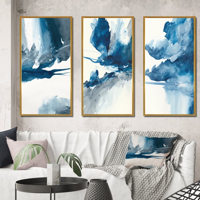 Designart "Solitary Majesty in Imperial Blue Splendor I" Abstract Liquid Ink Framed Wall Art Set Of 3 - Blue Modern Frame Canvas Set For Living Room Decor
