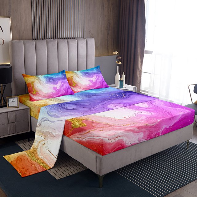 Marble Sheets Queen Size Stone Pattern Fluid Bed Sheets Set Abstract Art Marbling Glitter Sheet Set Modern Iridescen Bedding Set With 2 Pillow Case