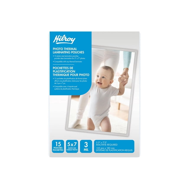 Hilroy Laminating pouches, 3 mil thick, 5x7 photo size, 15 count pack with clear thermal laminating pouches compatible with any thermal laminator, providing durable protection and vivid clarity for photos, also suitable for preserving documents or artwork.