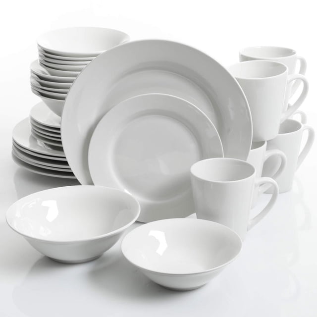 Gibson Home Noble Court 30 Piece Dinnerware Set, service for 6, with white fine ceramic plates, bowls, and mugs arranged on a white surface, dishwasher, microwave, and oven safe, suitable for everyday dining and entertaining.