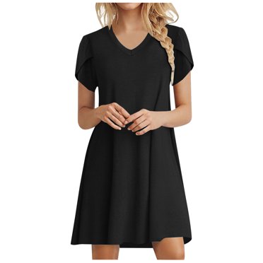 AherBiu Robe T-Shirt pour Femmes à Manches Courtes Pétale, Col en V, Basique, Confortable, Tunique d'Été, Robes pour Femmes