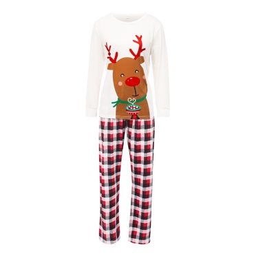 Honganda Pyjamas de Noël Assortis pour la Famille, Hauts à Motif de Cerf + Pantalons à Carreaux