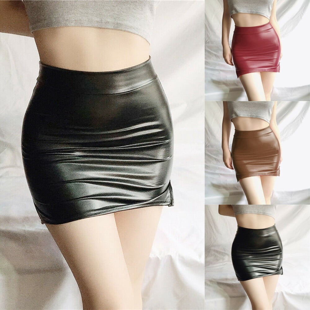 Lefu Womens Black PU Leather High Waist Tight Zip Stretch Mini