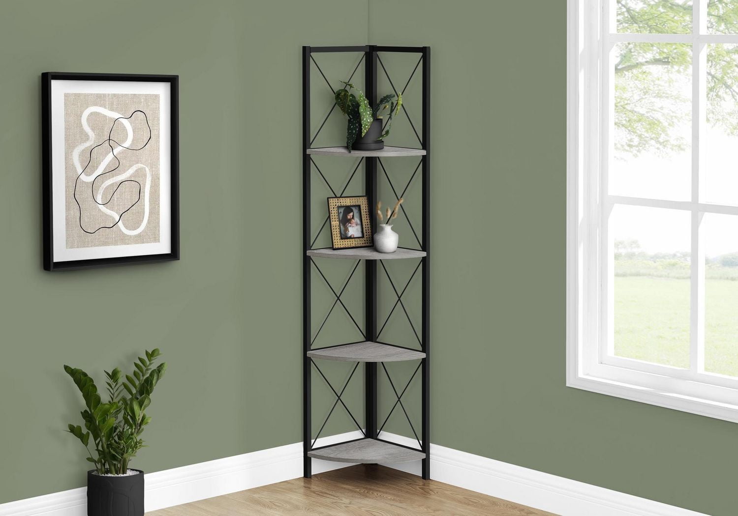 Monarch Specialties Étagère À Livres, Étagère, Étagère, Coin, 4 Niveaux, 60"h, Bureau, Chambre À Coucher, Métal, Stratifié, Gris, Noir, Contemporain, Moderne