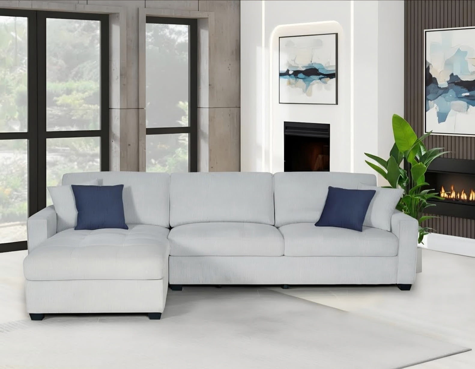 K-Living Reversible Sectional in Sand Linen Fabric with 2 Throw Pillows