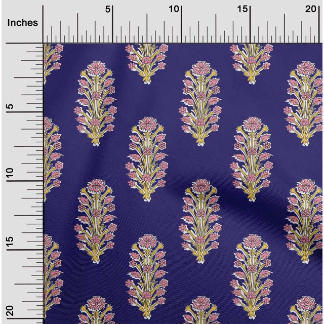 oneOone Cotton Cambric Fabric Leaves & Floral Block Printed Fabric 1 Yard 56 Inch Wide