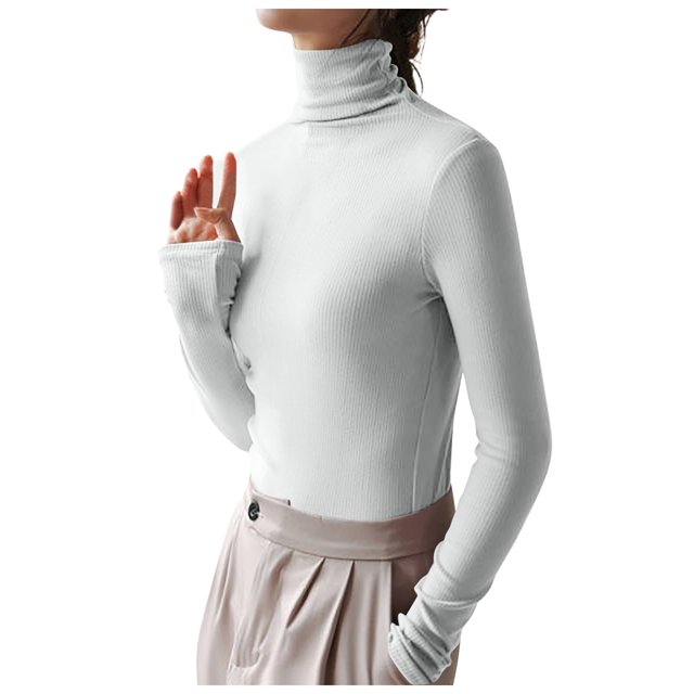 AherBiu Womens Tops Long Sleeve Ribbed Knitted Stretchy Slim Fitted Basic Tee Tops High Neck Warm Undershirts