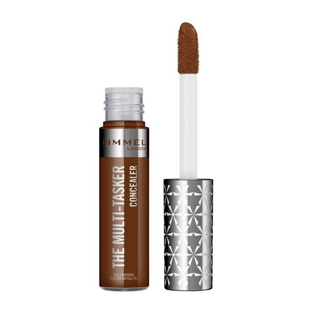 Rimmel Multi-Tasker Concealer in medium brown with large soft wand applicator, open tube showing blendable, full-coverage, crease-proof formula to conceal blemishes and brighten dark circles, featuring a silver geometric patterned cap.