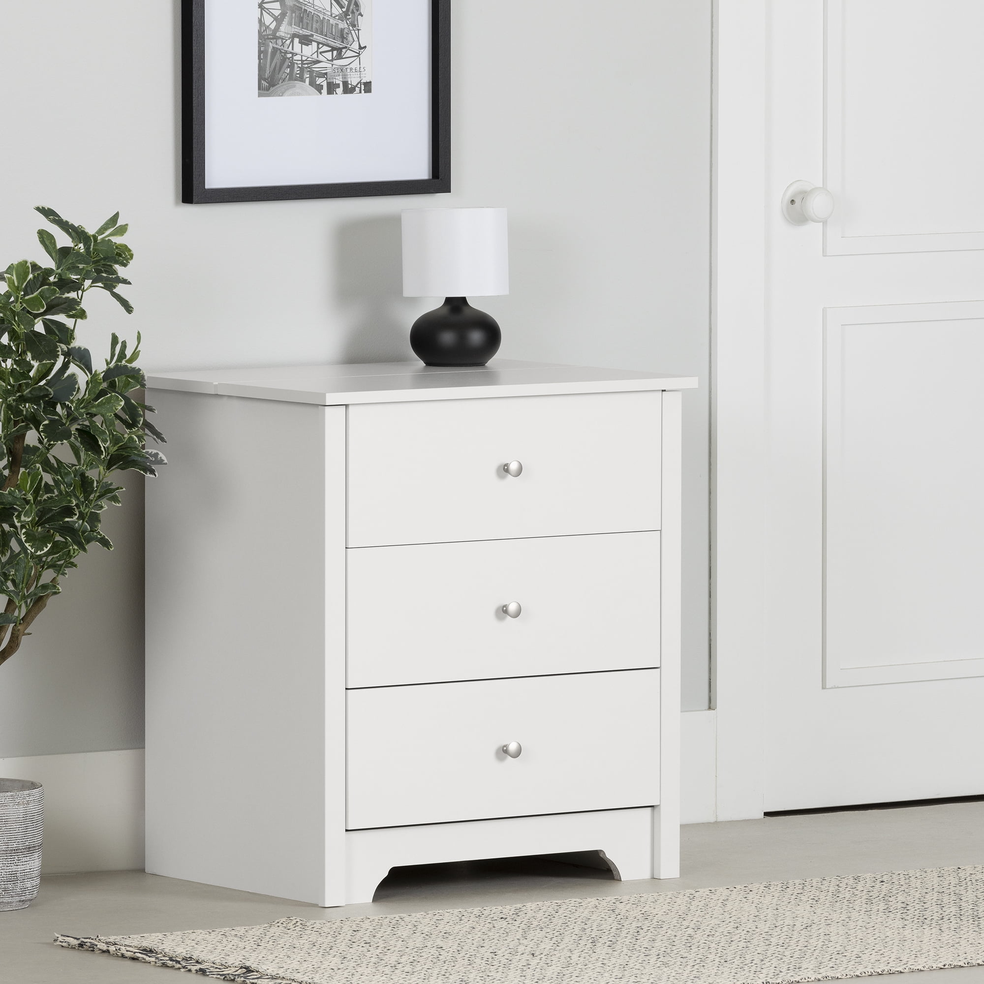 South Shore Vito Nightstand with Charging Station and Drawers for Adult, in Pure White
