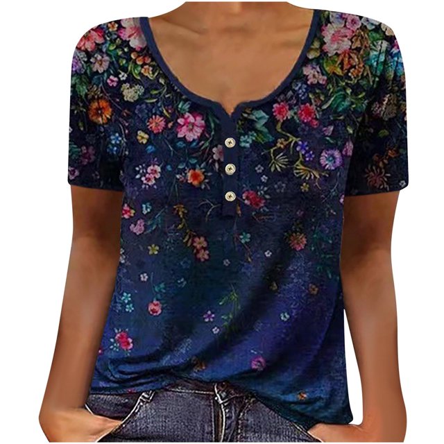 Birdeem T-Shirt Décontracté à Col Rond pour Femmes à Imprimé Floral, Manches Courtes, Tunique, Haut, Blouse