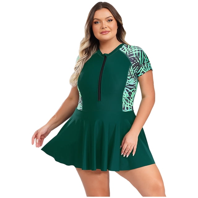 RUNQHUI Maillot de Bain une Pièce pour Femmes Grande Taille, Maillot Dermoprotecteur, Surf, Imprimé Tropical, Robe de Bain Rembourrée, Plage, Vert 5TG