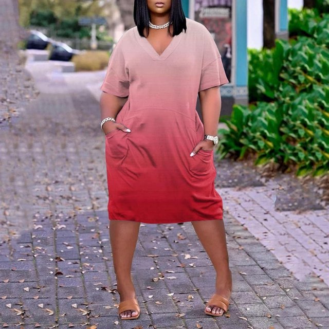 Robes Africaines pour Femmes Robe d'Été pour Femmes Grande Taille Col en V Manches Courtes Longueur Genou avec Poche Robe Décontractée