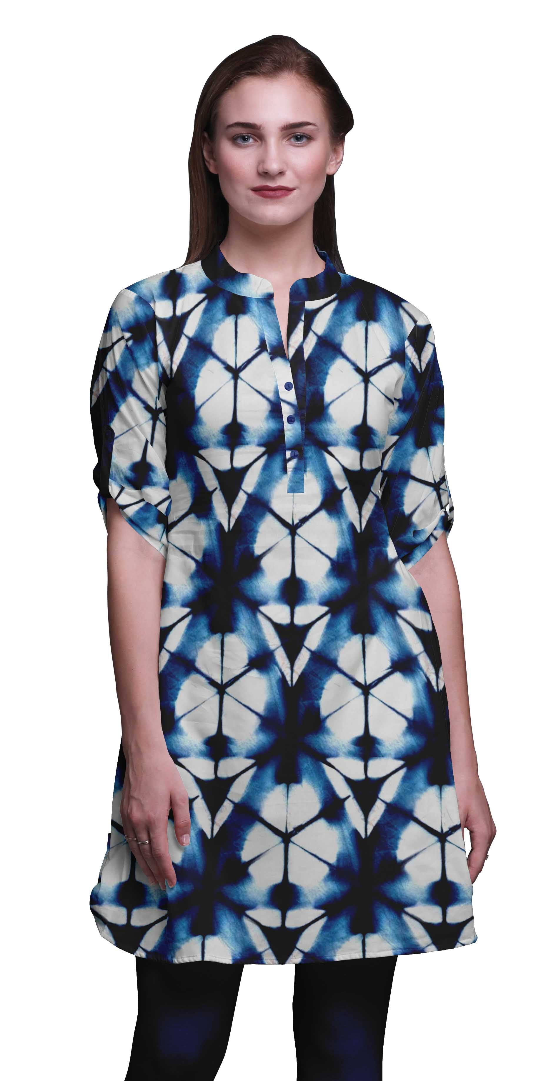 Bimba Short Kurtis For Ladies Printed Mandarin Collar Roll Up Sleeve Dress