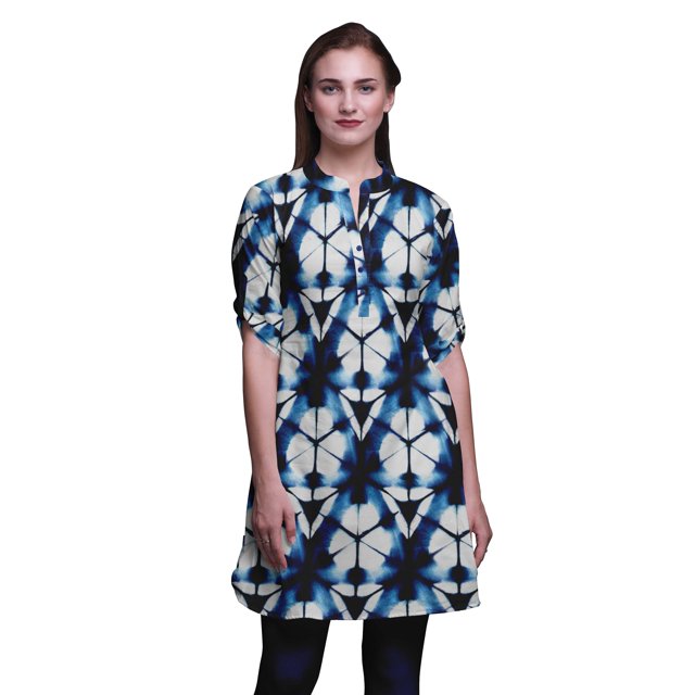 Bimba Short Kurtis For Ladies Printed Mandarin Collar Roll Up Sleeve Dress