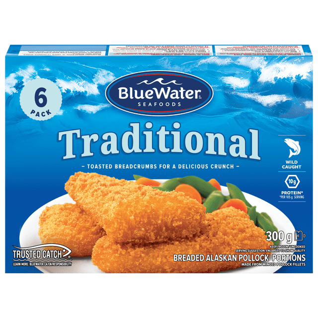 BlueWater Seafoods Traditional Breaded Fish Portions package with six frozen breaded Alaskan pollock fillets coated in toasted panko breadcrumbs, wild caught, 300 g, displayed on a white plate with green beans and carrots, suitable for oven or air fryer cooking.