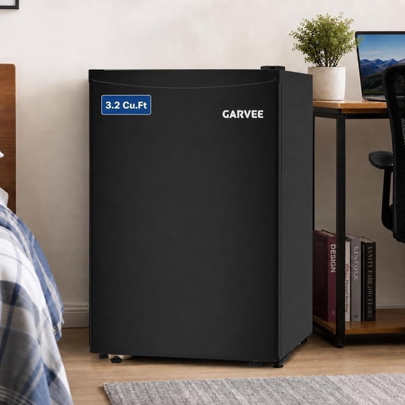 Mini-frigo de 3,2 Pi3 avec Congélateur, Réfrigérateur Compact à Porte Simple - 7 Réglages de Température, Tablettes en Verre Ajustables, Lumière DEL pour Dortoir, Bureau, Chambre, Cuisine, Bar