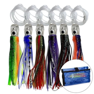 Ensemble de Leurres de Traîne pour la Pêche en Eau Salée – Leurres à Jupe de 6,5 Pouces avec Hameçons en Acier à Haute Teneur en Carbone 7/0 et Sac de Rangement à 6 Poches – Ensemble d'Appâts pour la Pêche au Gros en Mer Profonde par TROPOW (16 cm)