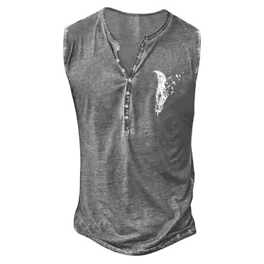 Mens Summer Fashion Retro Old Basic Button Placket Small Print Sleeveless Shirt T Shirt Vest Digital Printing Long Men T Shirt Short Sleeve T Shirt Workout Shirt Cat Shirt Mens Tee Shirt Men's
