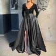 thumbnail image 3 of Mrat Robes d'Été pour Femmes Froncées Fête Fendue Robes d'Automne pour Femmes Col en V Manches Longues Robe Longueur au Sol Robe à Paillettes Froncée devant Plage Noir G, 3 of 6
