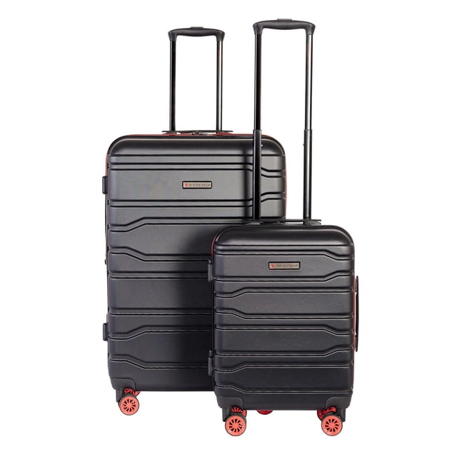 Ensemble de Bagages Rigides avec Deux Valises Noires Air Canada Radius, un Grand Bagage Enregistré de 28 Pouces et un Bagage de Cabine, Tous Deux avec des Coquilles en ABS Durables, Quatre Roues Doubles Pivotantes Rouges, Poignées Rétractables, Poignées à Fermeture Éclair Emboîtables, et Intérieurs Entièrement Doublés avec Sangles de compression pour un Emballage Ordonné.
